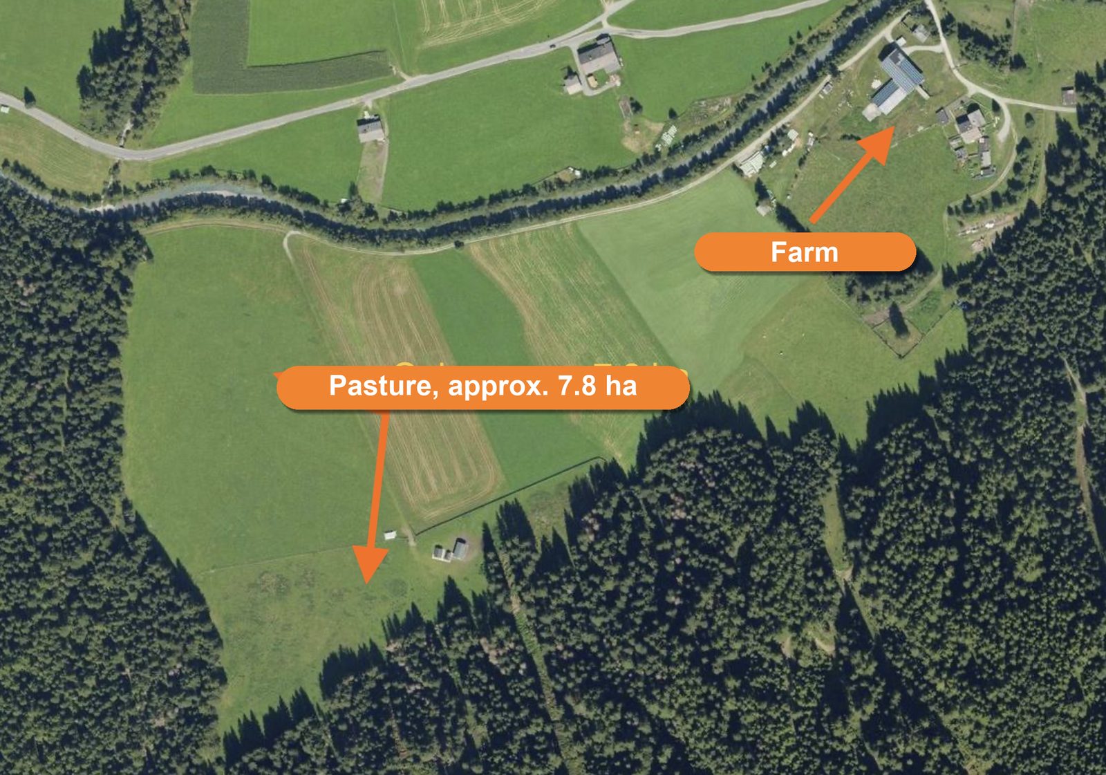 Satellite image: farm and pasture of the Knappenhof, approx. 7.8 ha contiguous area